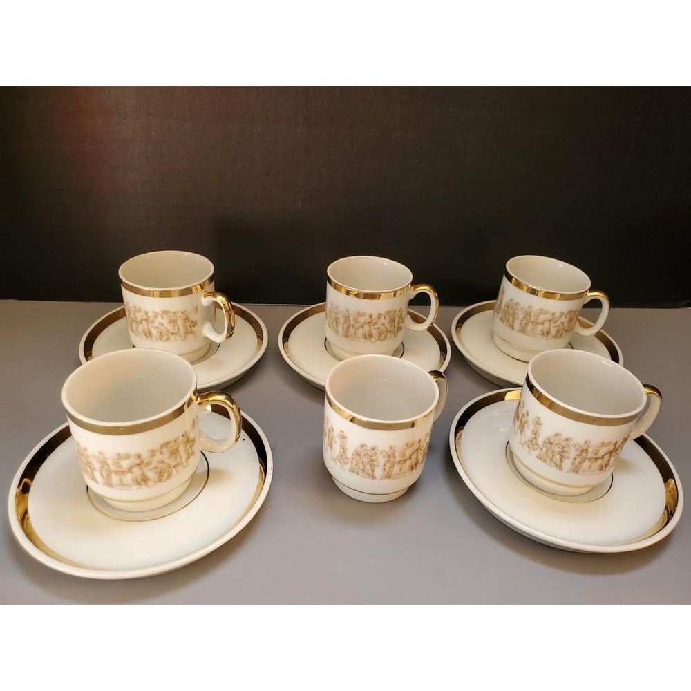 Royal Crown Espresso Cups & Saucers Set 6 Demitasse Gold Greek Key‎